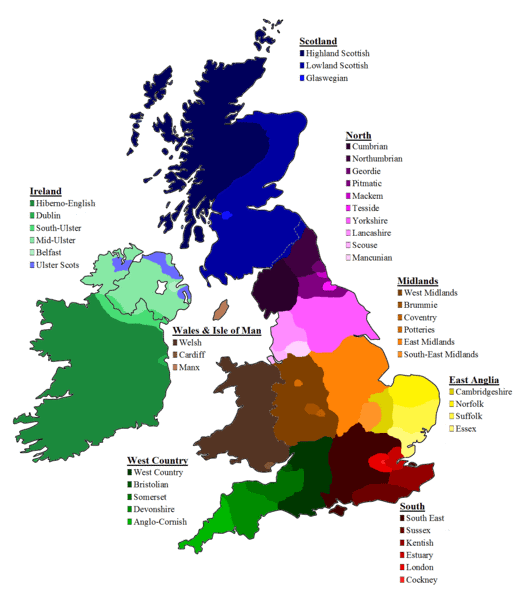 Mapa de acentos de inglés británico en el Reino Unido