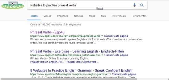 Resultados de búsqueda en Google sobre Phrasal Verbs